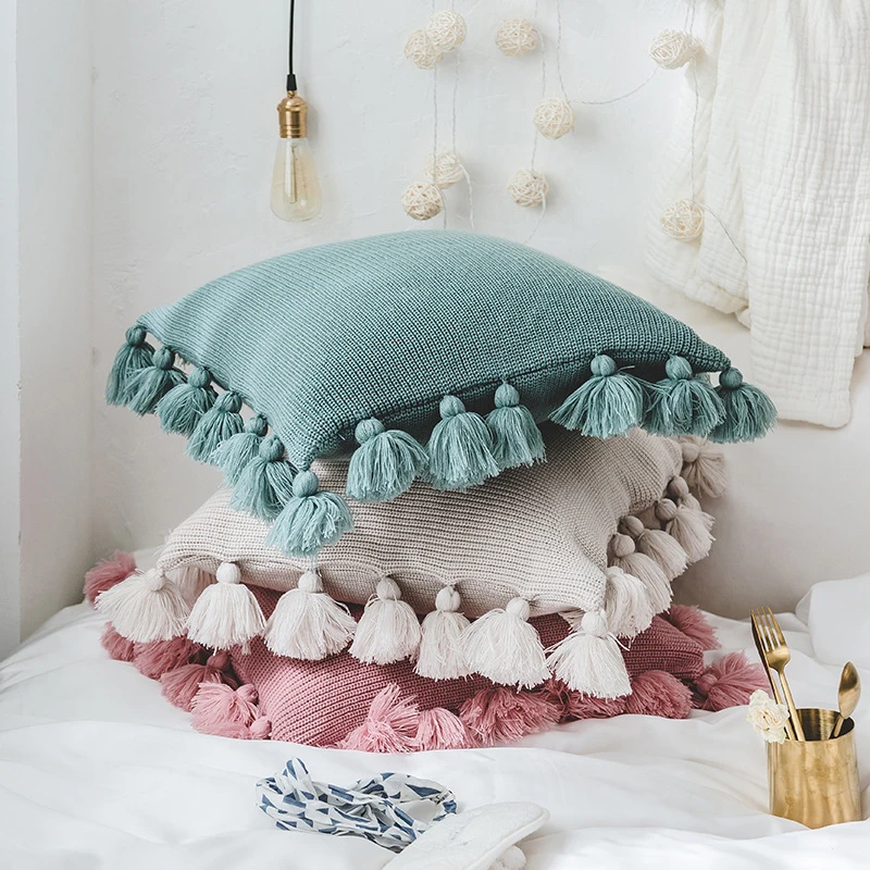 45x45cm Knitted Cotton Throw Pillow Covers with Pendant Tassels Home Textile Decoration Solid Pillow Cases for Sofa Bedding Room