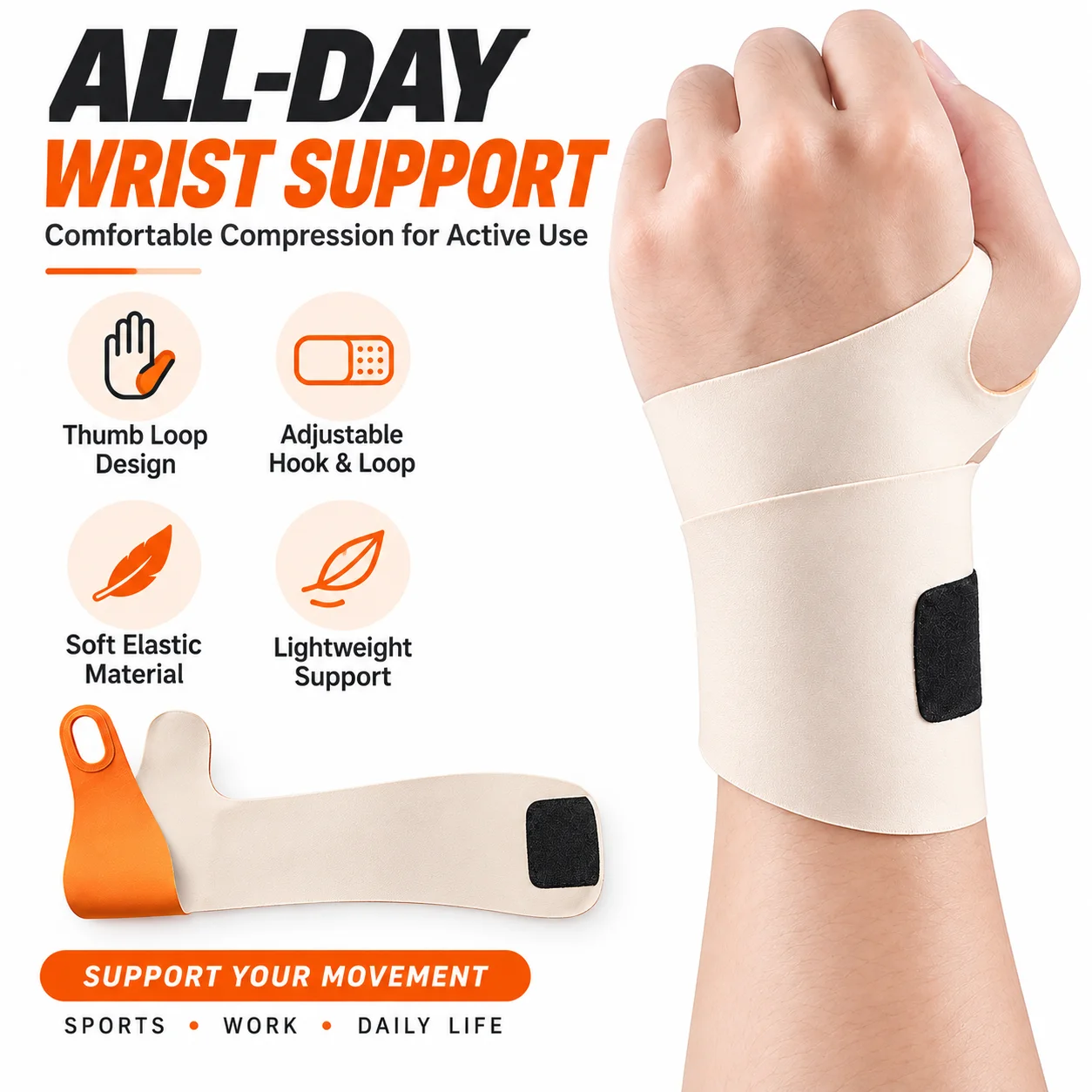 Adjustable Wrist Support Brace with Thumb Loop, Elastic Compression Wrap for Gym Fitness Sports Training Daily Work and Exercise