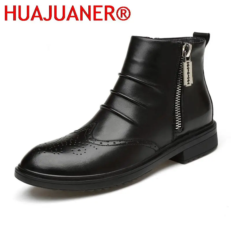 

Brogue Men Boots Luxury Brand Plush Warm Winter Boots Men Casual Shoes Side Zipper Genuine Leather Ankle Boots Male Luxe Shoes