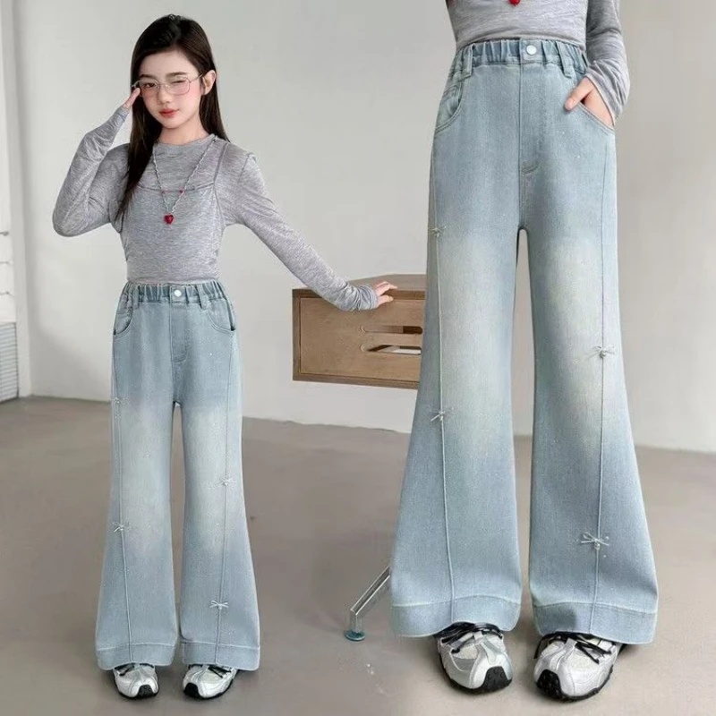 

Girls' fashionable front patchwork jeans, casual elastic waist flared pants, spring and autumn children's girls' jeans