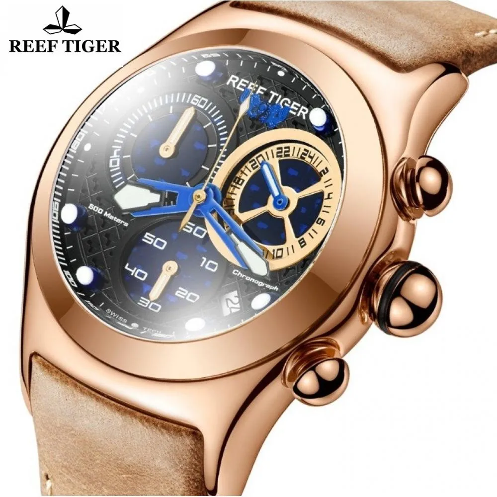 Reef Tiger-Homens Quartz Chronograph relógio de pulso, masculino esportes relógios, data luminosa, aço cronógrafo, piloto Dial, Japão