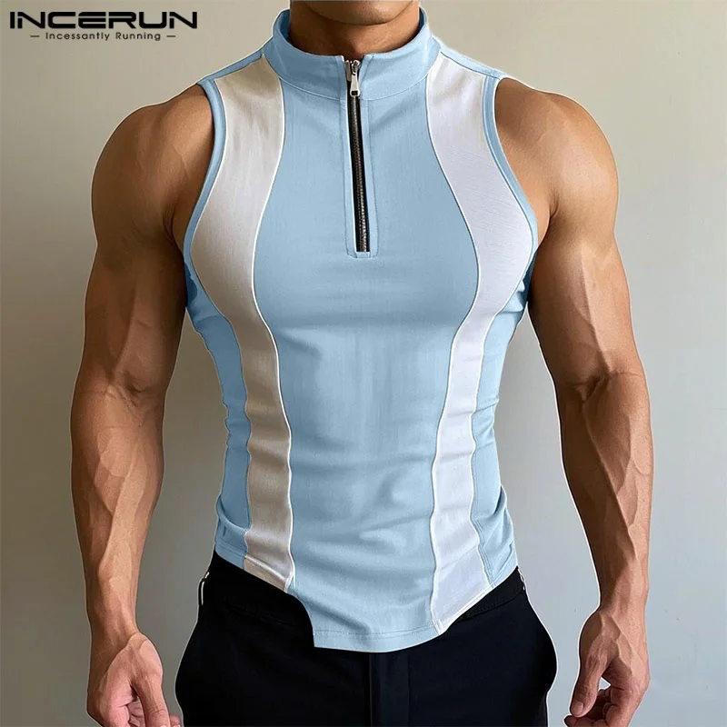 INCERUN Tops 2025 American Style Fashion Men's Spliced Contrast Zipper Design Vests Summer Streetwear Casual Hot Sale Tank Tops