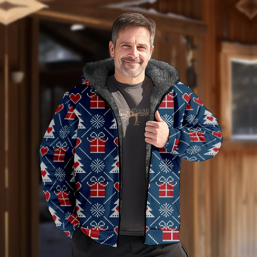 Abrigos de chaquetas de invierno para hombre, abrigo de algodón con patrón de regalo de Navidad, estilo 3D elegante para uso diario