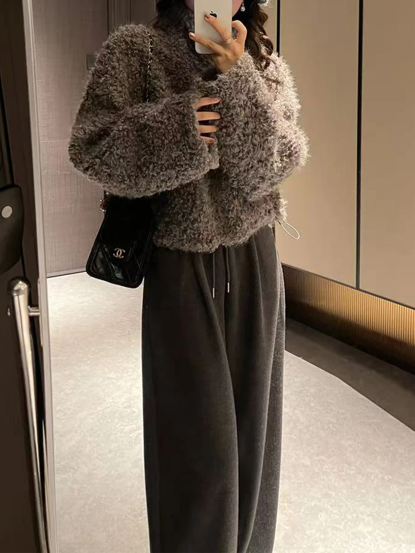

Retro Korean Style Chic Women's Short Fur Jacket Set with Drawstring Wide Leg Pants Stand Collar Winter Fashion Set