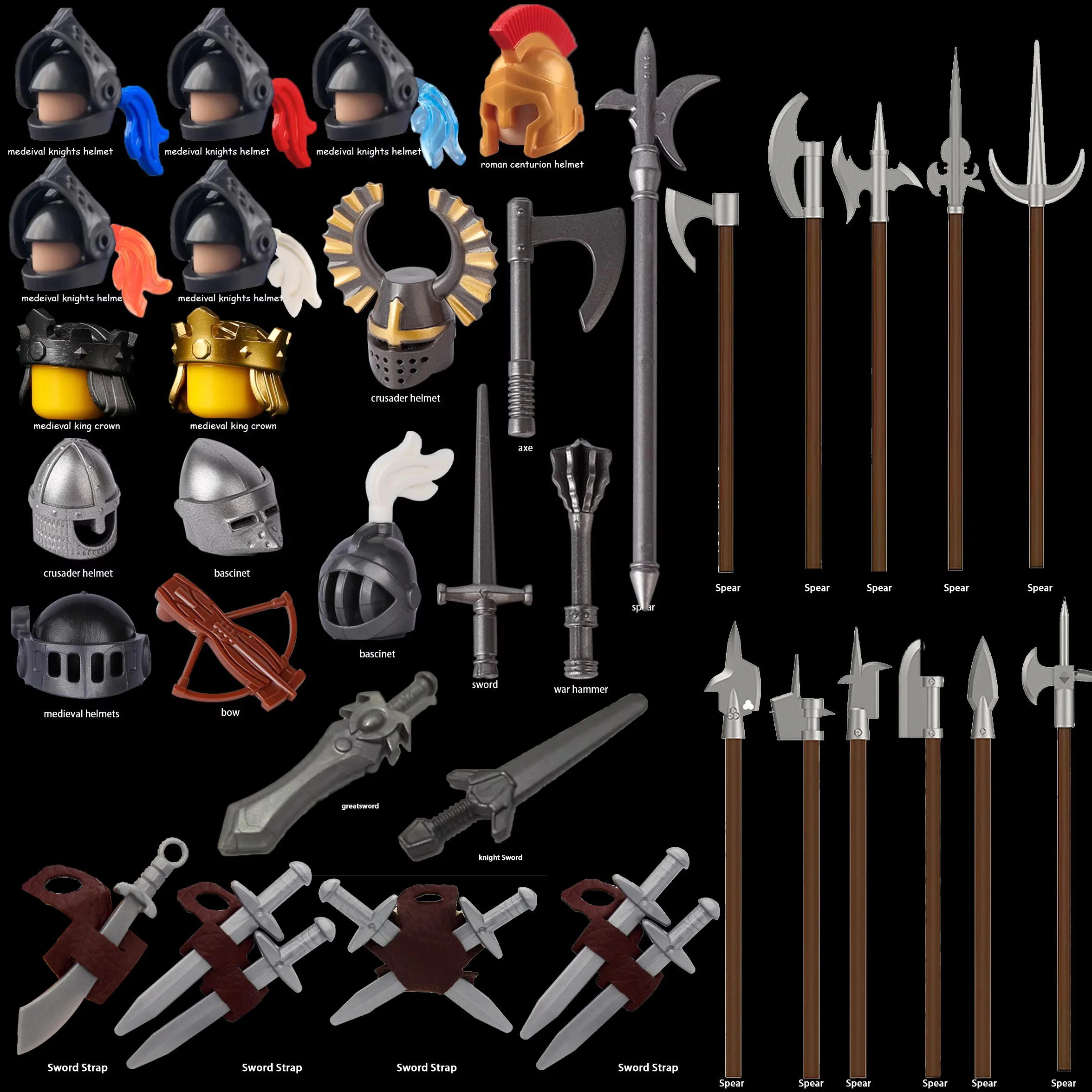 MOC Castle Knights Helmets Building Blocks Medieval Military King Crown Soldiers Weapons Bow Spear Sword Bricks Toys Kids Gift