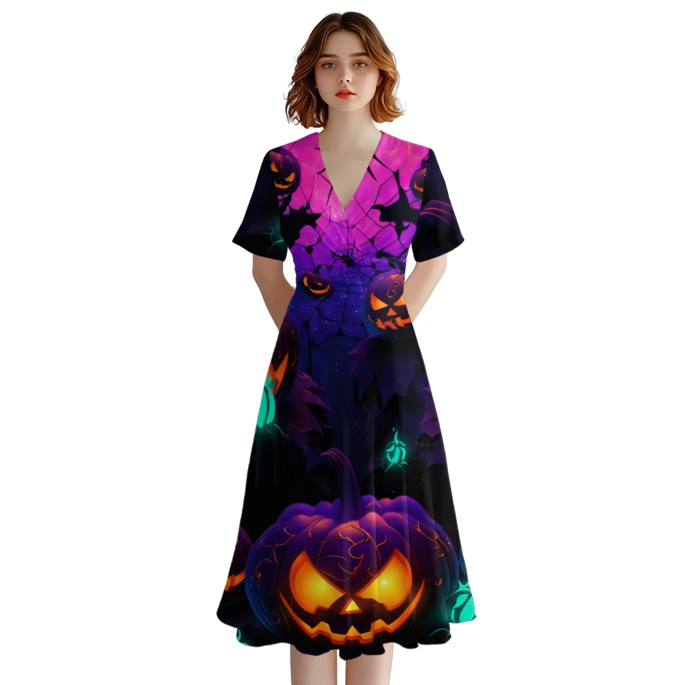 

Summer Dress Halloween Pumpkin Dress Stylish Party Fashion V Neck A-Line Dresses Carnival Resort Dresses Girl Vestido Women Robe