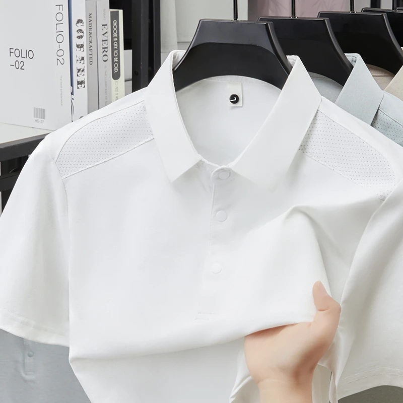 Herren Poloshirt mit Reverskragen, Kurzarm, Weicher Knitterfreier Stoff, Perforierte Schultern, Lässiges Business-Alltags-Sommeroutfit – Detail 5