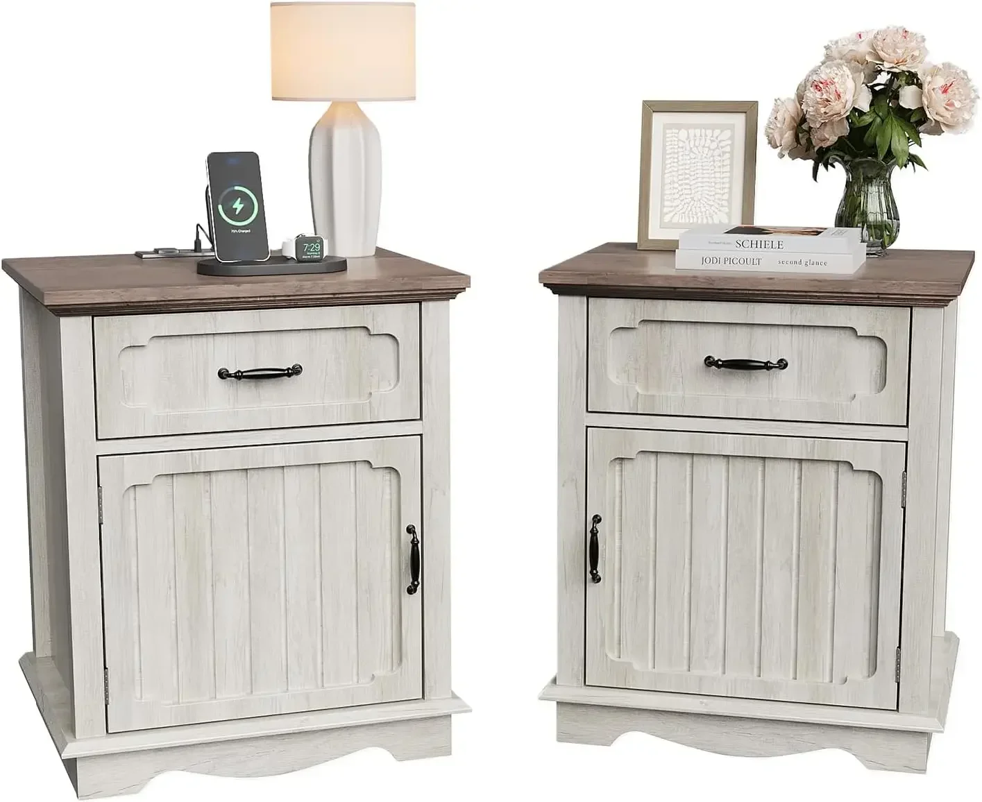White Nightstands Set Of 2 With Charging Station Large Drawer Storage Cabinet Adjustable Shelf Bedside End Table For Bedroom