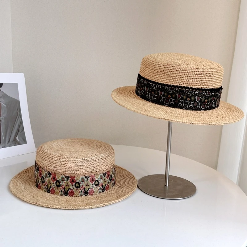 Bohemian Style Printed Ribbon Flat Top Hat For Women Summer Sun Protection Straw Hat Handmade Rattan Crochet High End Beanie Hat