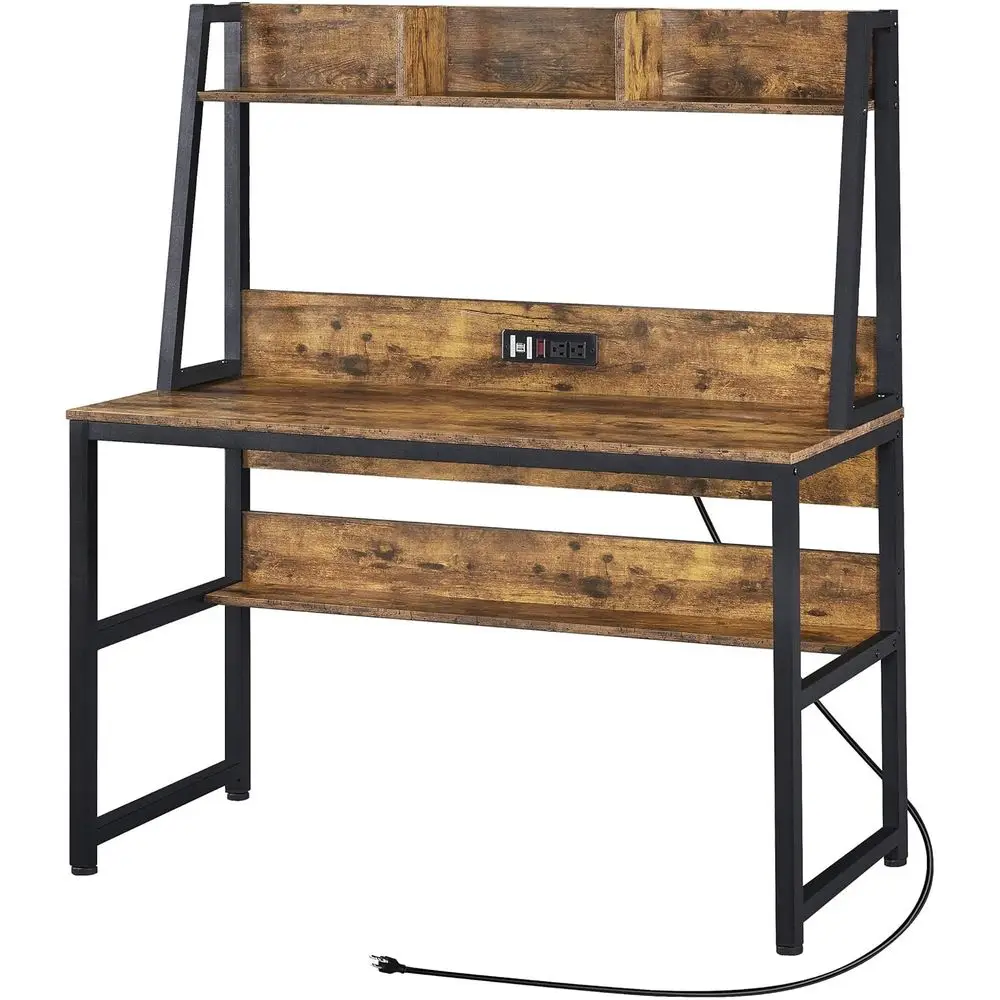 مكتب كمبيوتر محمول على الطراز الصناعي مقاس 47 بوصة باللون البني الريفي مع حافظة وأرفف تخزين ومخرج طاقة ومنفذين USB للمكتب المنزلي