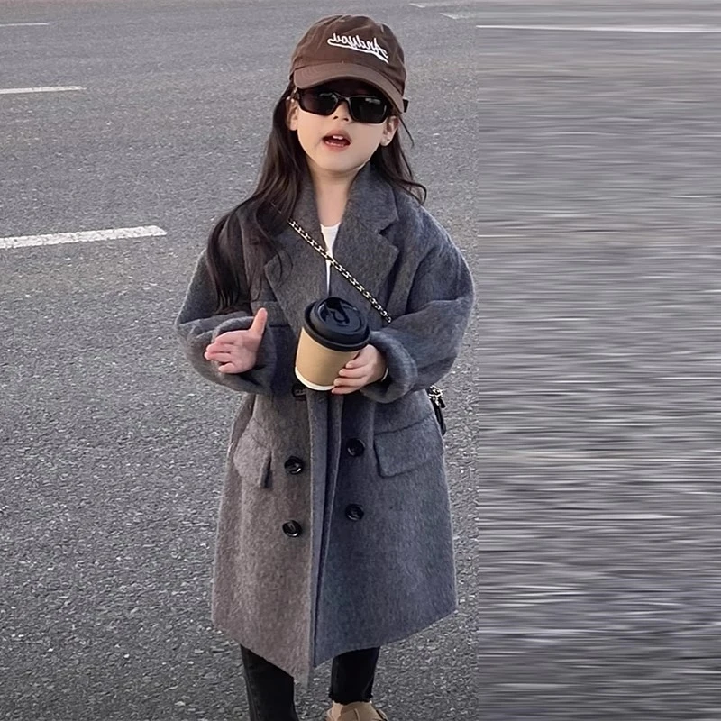 Overcoat Korea Childrens Clothing Boys Girls Collar Turn Down Winter Long Loose Fitting Woolen Fabric Coat Pocket