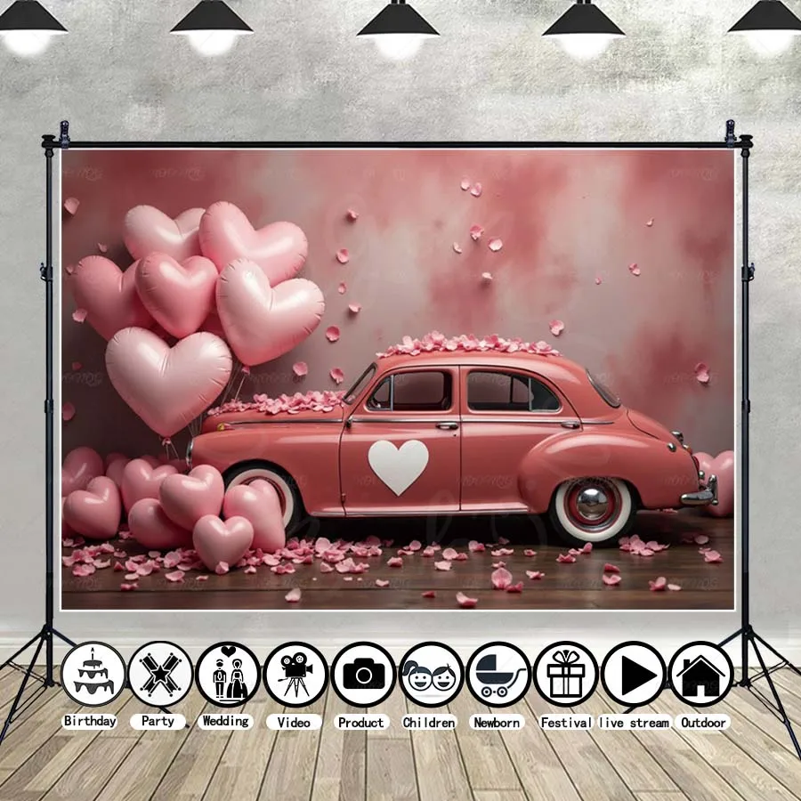 

MOON.QG Valentine's Day Flower Vehicle Camping Backdrop Vintage Truck Camper Van Heart Photography Background Accessories Wall