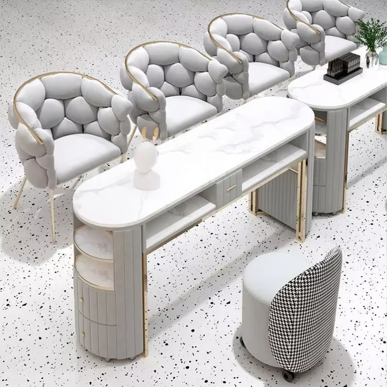Beauty Salon Furniture Luxury Modern Manicure Table with Chairs Professional Marble Top Nail Tables for Nails Spa