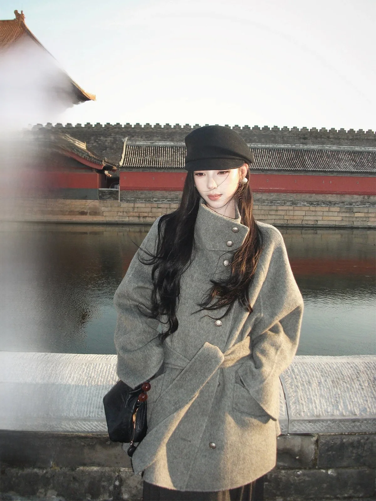 Iceollovy Woolen Short Double-Sided Tweed Jacket Women's Autumn Winter Fashion Simple Style Stand Collar Thickened Outerwear