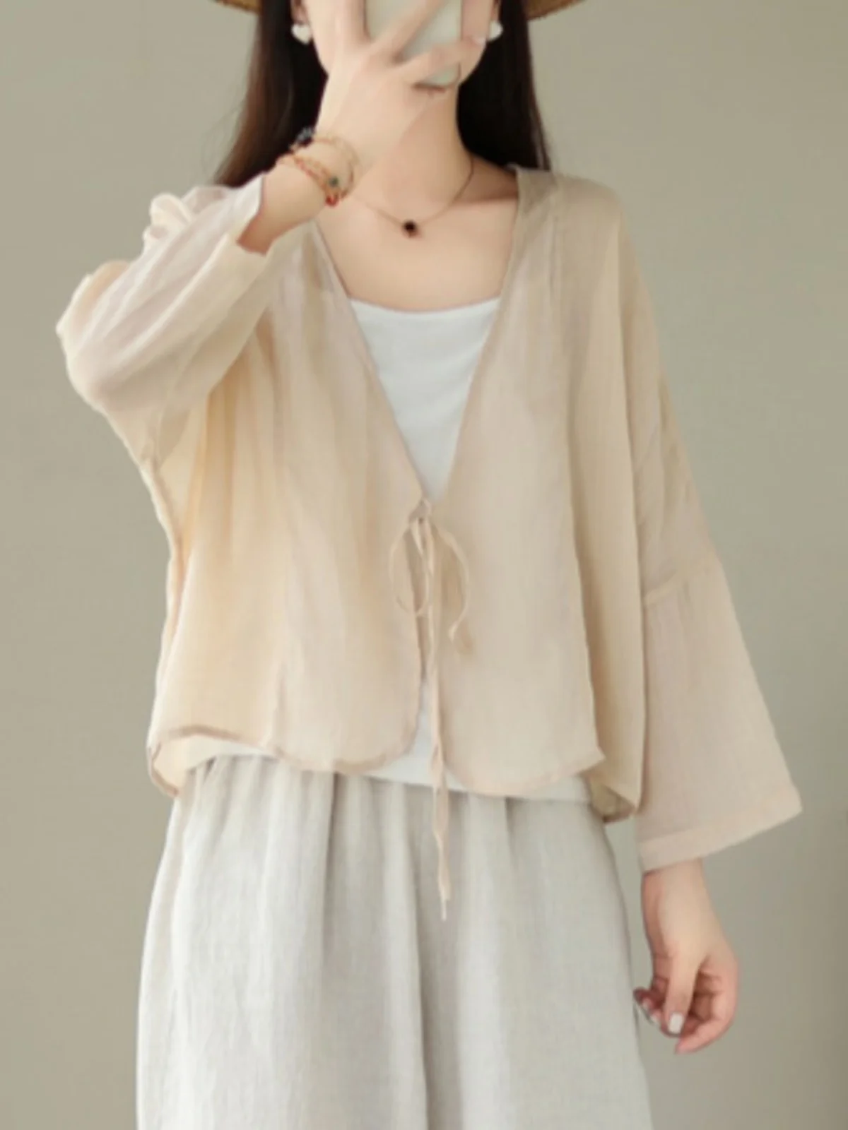 

Loose Women's V-Ne Cotton Linen Cardigan Sun Protection Air Conditioning Top Brand Tailored Goods Pure Color Retro Sle