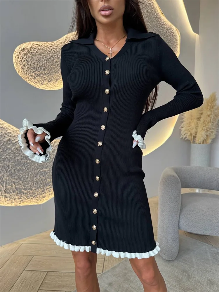 

Tossy Elegant Black Ruffled Knitwear Dress Female V-Neck Ribbed Patchwork Sweater Cardigan Mini Dress Women Knit Autumn Dress