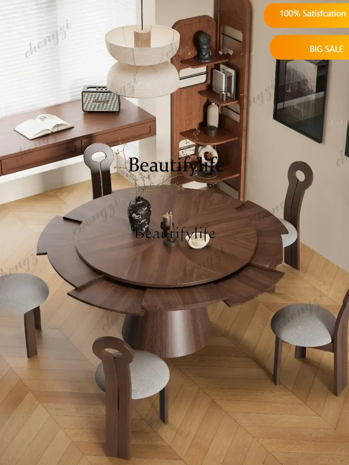 yj7 Deformation round Table Antique Style Solid Wood Rotating Retractable Dining Table French Retro FoldingLX