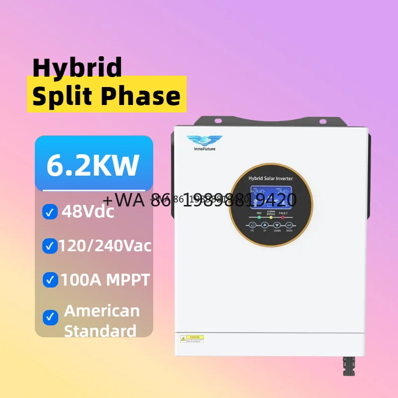 

6.2KW Split Phase Hybrid Solar Energy Inverter 120Vac 240Vac Output 50/60Hz Mppt 100A 48VDC WiFi America US Canada Mexico Home