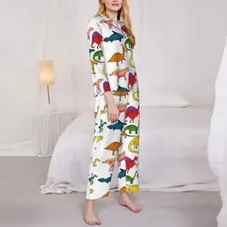 Pigiama con dinosauri dei cartoni animati Collezione di modelli di dinosauro Indumenti da notte alla moda da donna a maniche lunghe Camera da letto casual 2 pezzi Indumenti da notte