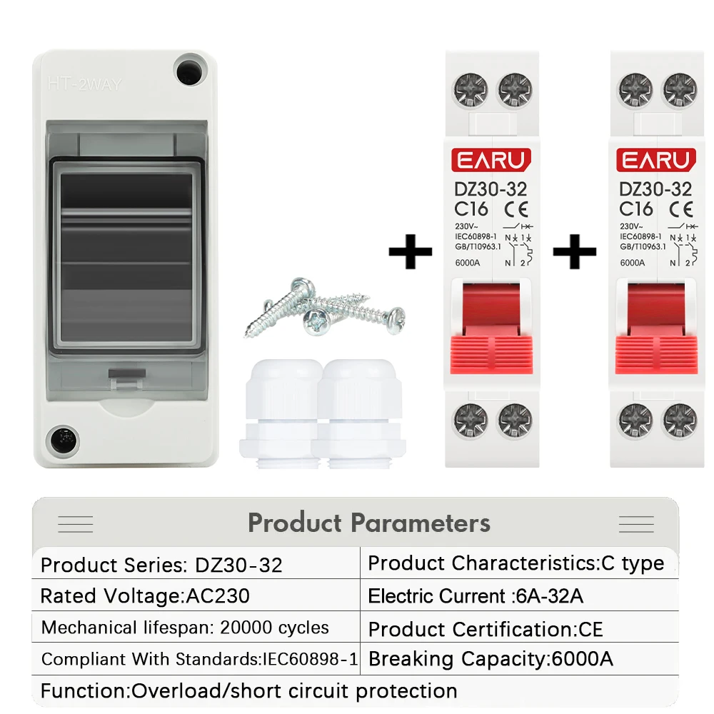 EARU HT-2 IP65 Wasserdichter elektrischer Verteilerkasten für den Außenbereich AC DC Solar-Leistungsschalter MCB 63A RCBO PC Kunststoff-Anschlusskabelkasten 4