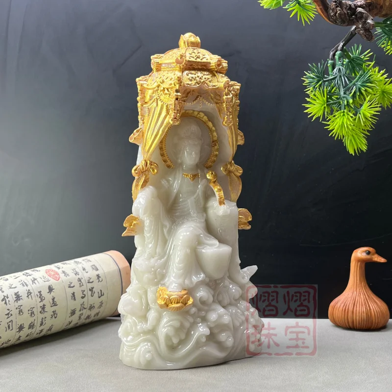 Gilt Night-Light Buddha Statue of Guanyin Crossing the Sea, Holding a Ruyi Scepter, Delivering the Buddhas from the Sea of Suffe