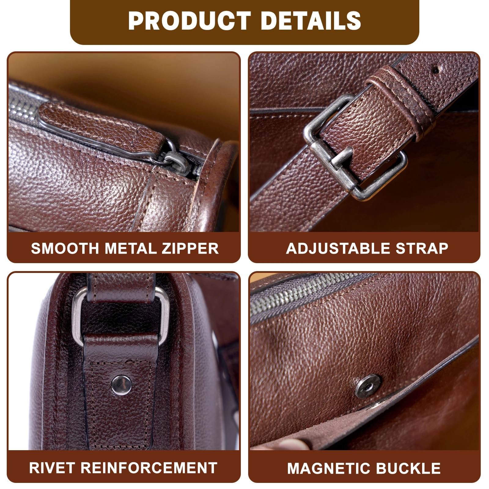 Echte Leder-Umhängetasche für Herren, Unisex, einfache Rindsledertasche, oberste Schicht pflanzlich gegerbtes Leder, modisch und lässig – Detail 9