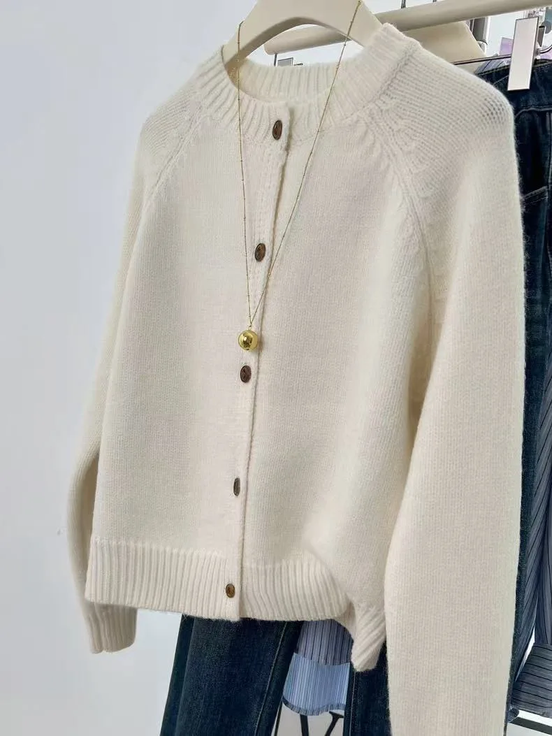 

Pure Wool Women O-neck Cardigan Autumn Winter Single Breasted Knitting Sweater Long Sleeve 100% Merino Wool Knitwear Tops