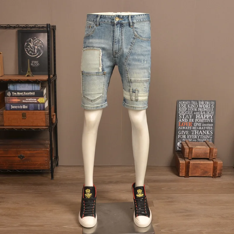 

Summer thin ripped denim shorts for men, stretchy slim fit, high-end fashion splicing, casual five quarter pants