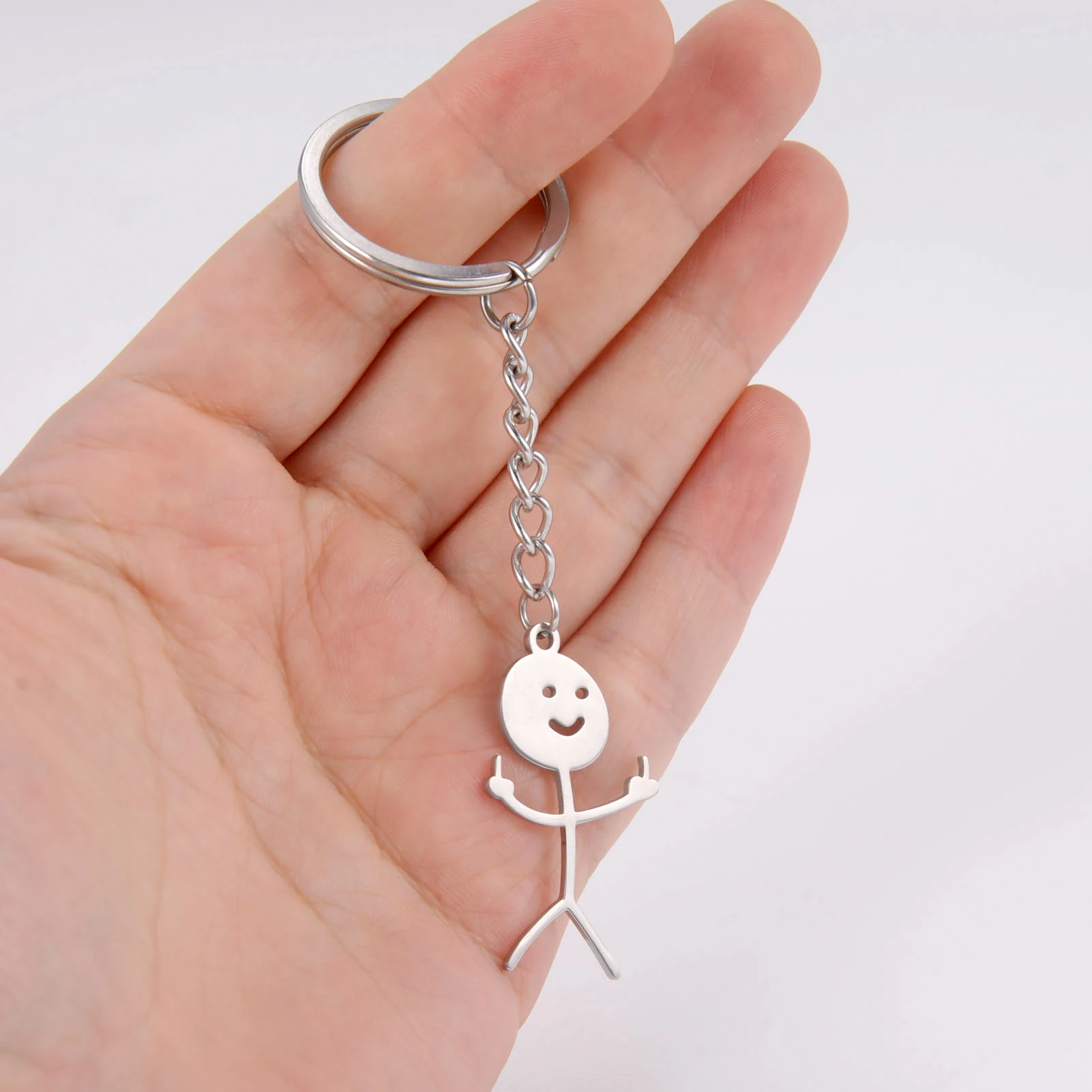 Funny Middle Finger Stickman Keychain Stainless Steel School Bag Car Key Pendant Hand Gesture Character Keyrings Gadgets