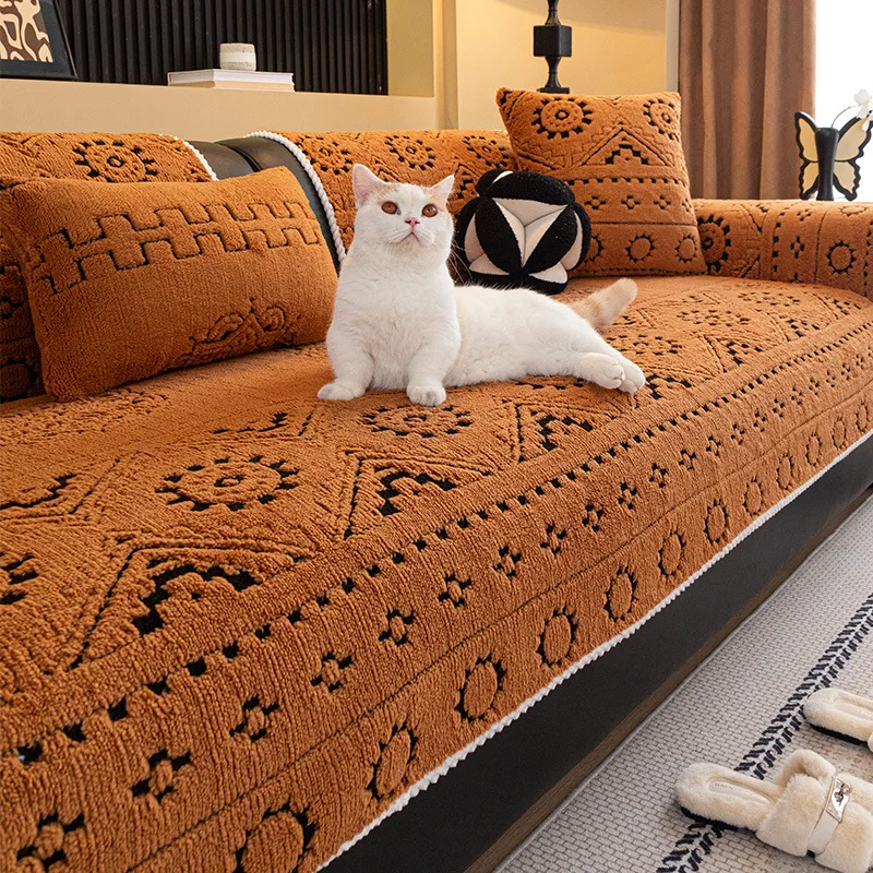 Plush Sofa Cushion Cloth Non-slip Slipcover Cat-scratch-proof Cream Style Premium Feeling Sofa Cover