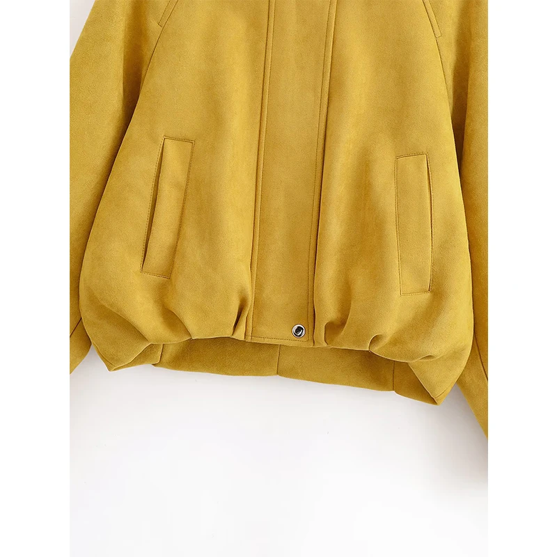 YENKYE 2025 Women Short Faux Suede Jacket Loose Casual Bomber Coat Front Zipper Lapel Long Sleeve Autumn Winter Outerwear