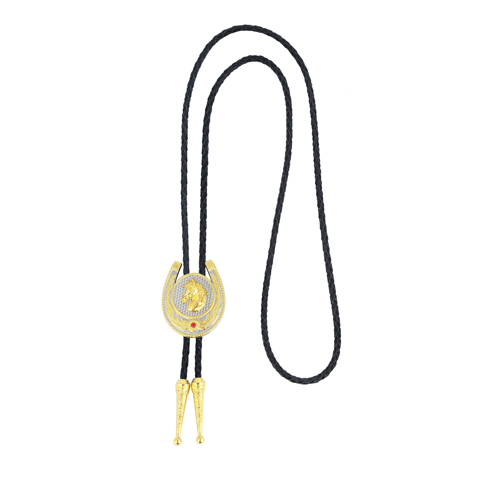 Naturel Stone Gold U Shape Horse Head Bolo Tie For Man Indian Cowboy Western Cowgirl Leather Rope Zinc Alloy Necktie