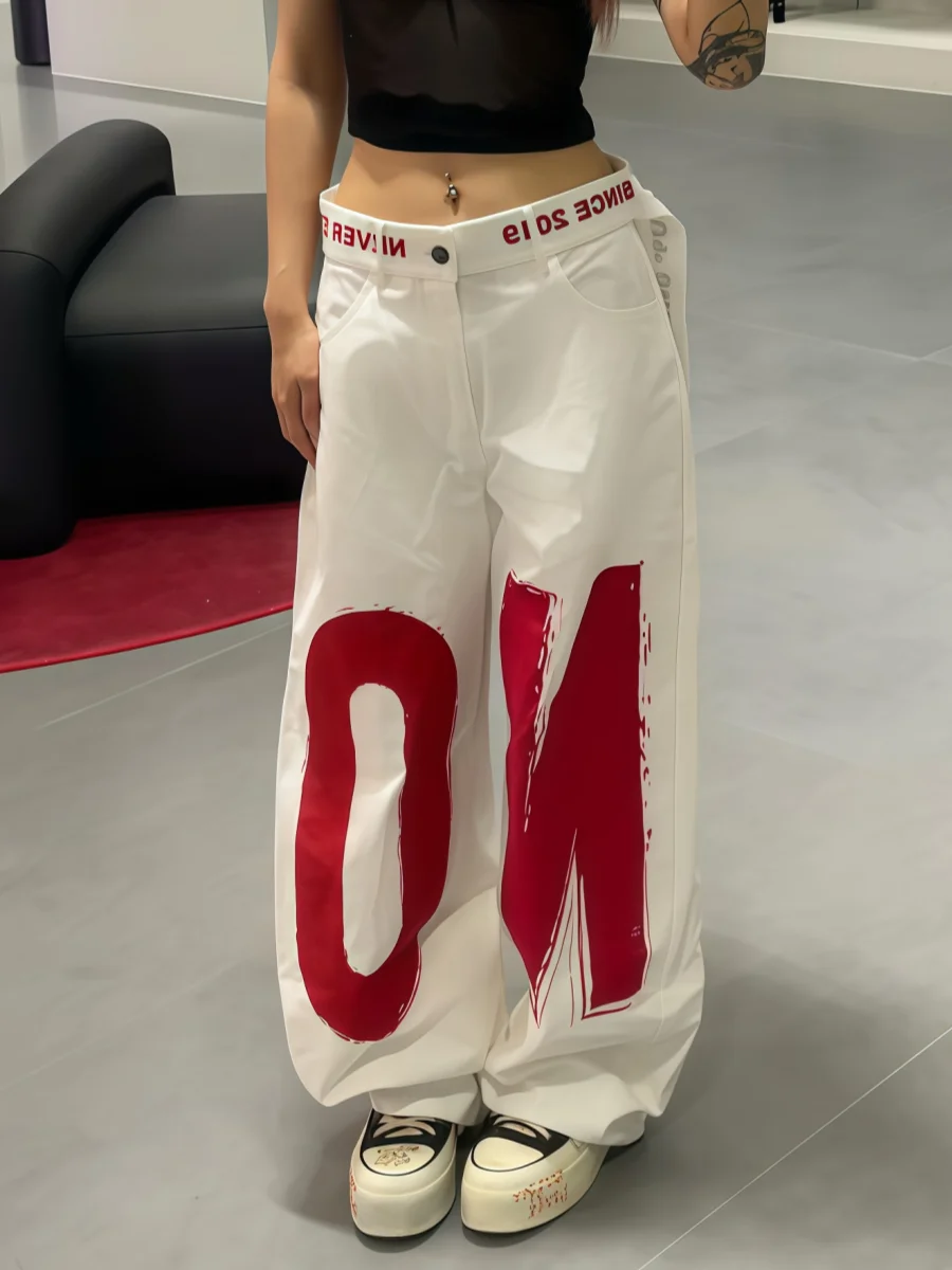 American Street Cleanfit Retro Big Letter Print Work Pants Loose Wide Leg Jeans for Men And Women Casual Wear Resistant Fading