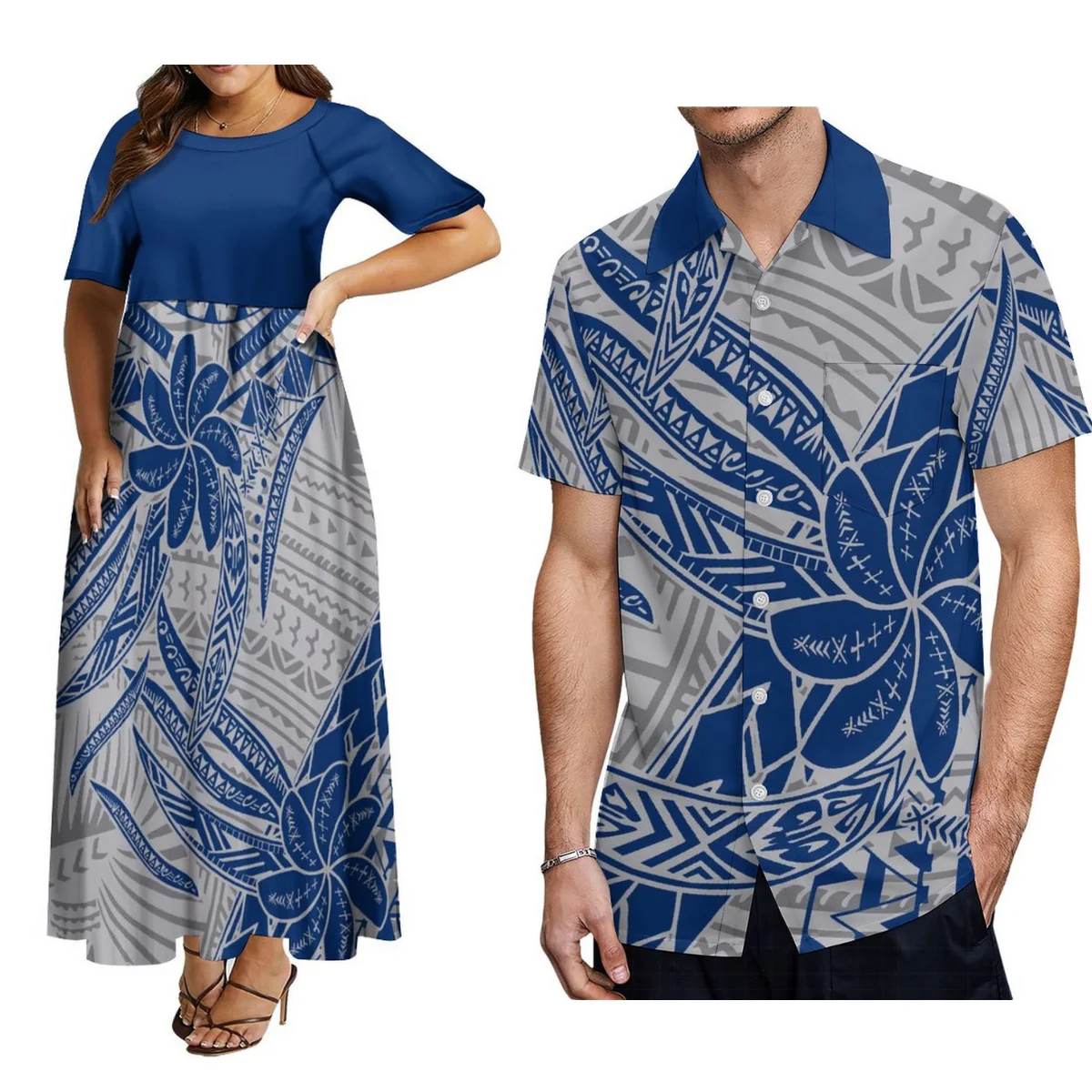 Summer Women\'S Short-Sleeved Dress Plus Size 8xl Maxi Dress With Men\'S Button-Down Shirt Polynesian Island Design Couple Suit