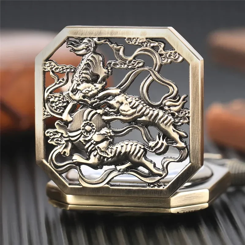 Antique Bronze Pocket Watch Hollow Double Tigers Men Women Handwinding Mechanical Watches with Fob Pendant Chain Clock Gifts