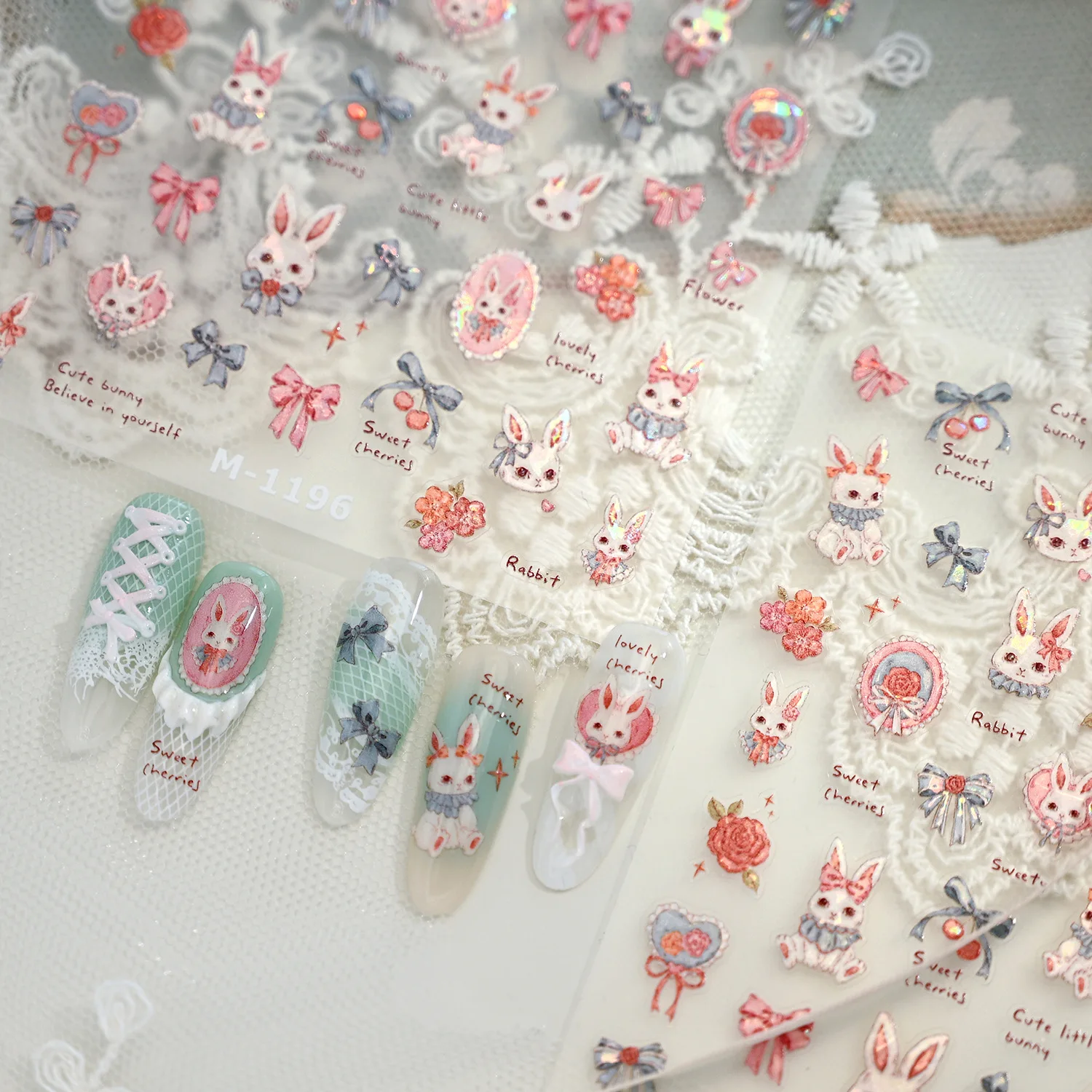 Lovely Rose Flowers Bowknot Lace Cherry Rabbit Shiny 5D Embossed Self Adhesive Nail Art Stickers Cute Bunny 3D Manicure Decals