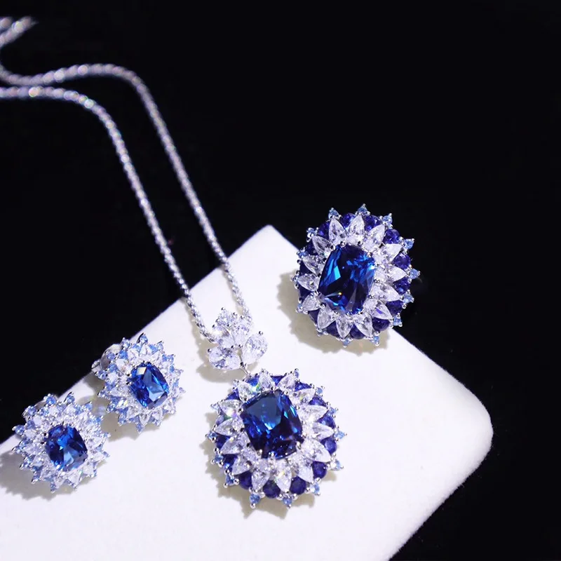 S925 Sterling Silver Emerald Sapphire Colored Treasure Pendant Opening Ring Micro-set Earrings Jewelry Set