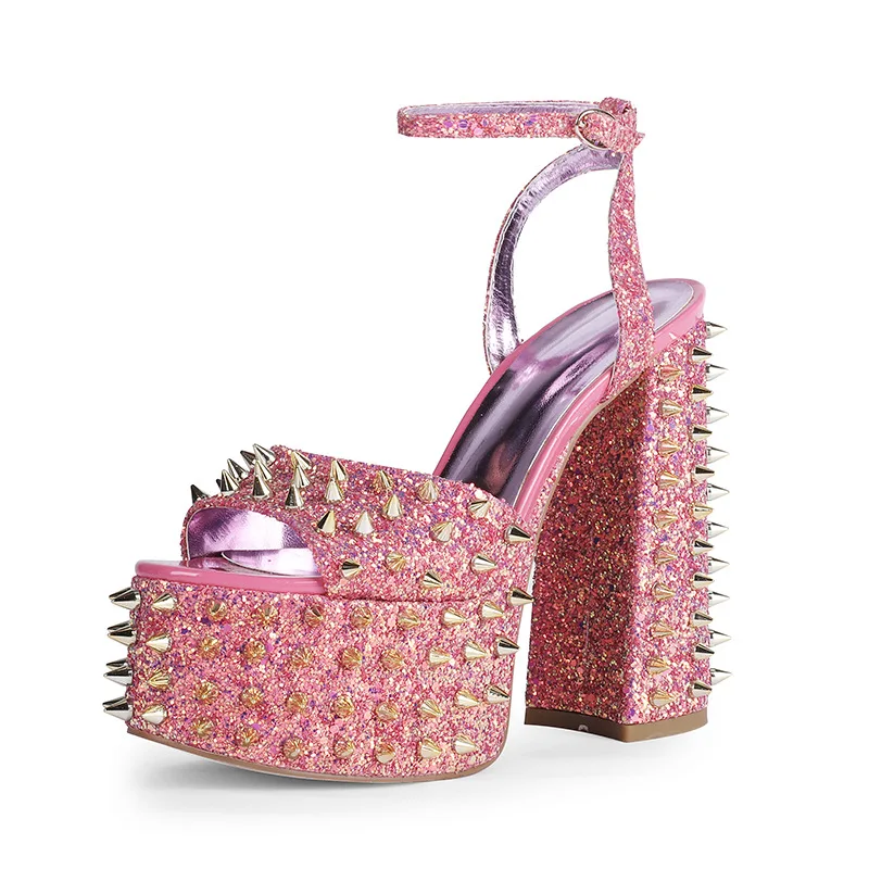 Sandali con borchie con plateau Open Toe Block tacchi alti cinturini alla caviglia in pelle glitterata moda donna rivetti estivi scarpe fresche