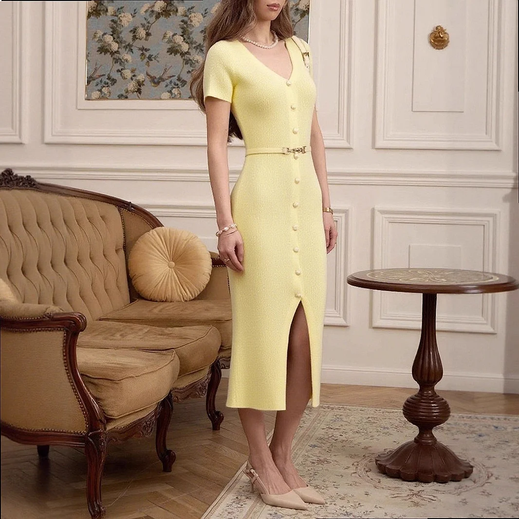 Knitted V-Neck Long Dress, Women's Spring Summer Slim Fit Bodycon Dresses with Single Breasted Buttons