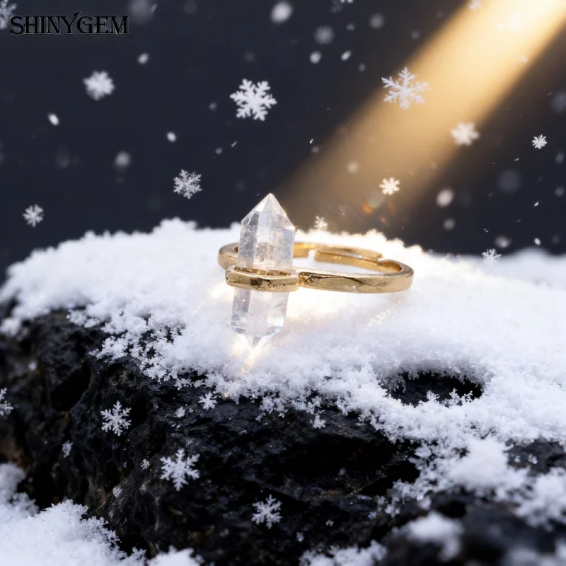 SHINYGEM Jewelry Natural Hexagonal Healing Amethyst Labradorite Rock Crystal Quartz Women Resizable 18K Gold Plated Ring