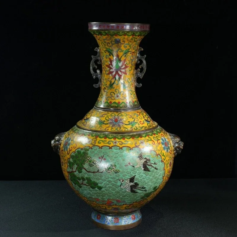 Copper tire filigree enamel pine crane vase ornament, a pair of belly width 33 and height 50, total weight 16150 grams