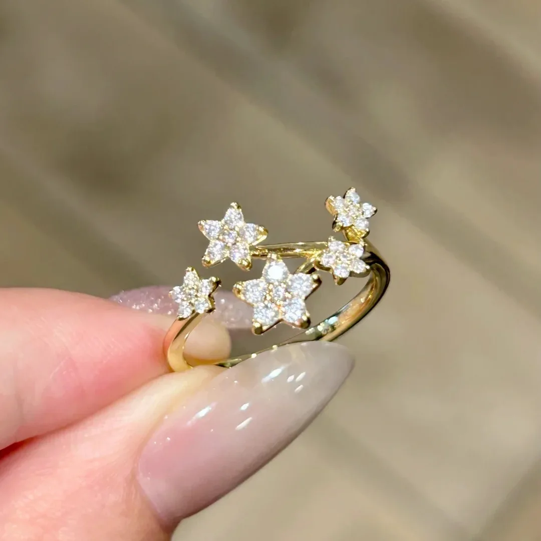 Gold Tone Star Zircon Open Ring For Women Adjustable CZ Crystal Stackable Ring Twisted Multi‑Star Statement Ring Party Daily Fin