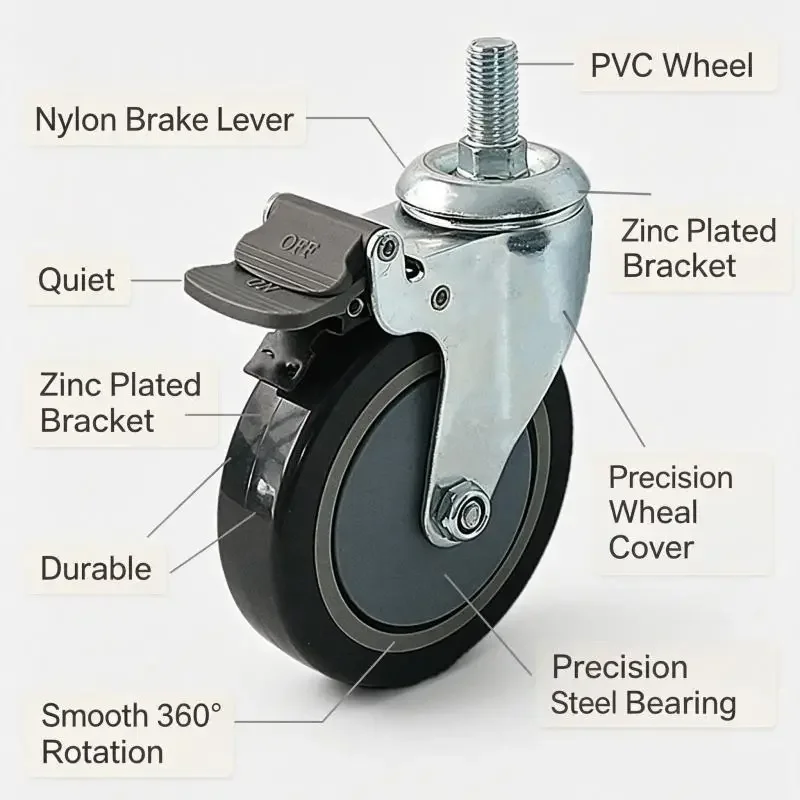 1PC 5 inch PU Rubber Screw Medical Swivel Caster Wheel with Brake for Hospital Bed Stretcher Cart