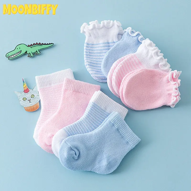 Lot de 4 paires de chaussettes et gants anti-rayures pour bébé et enfant, mitaines respirantes et élastiques de protection du visage, cadeau de