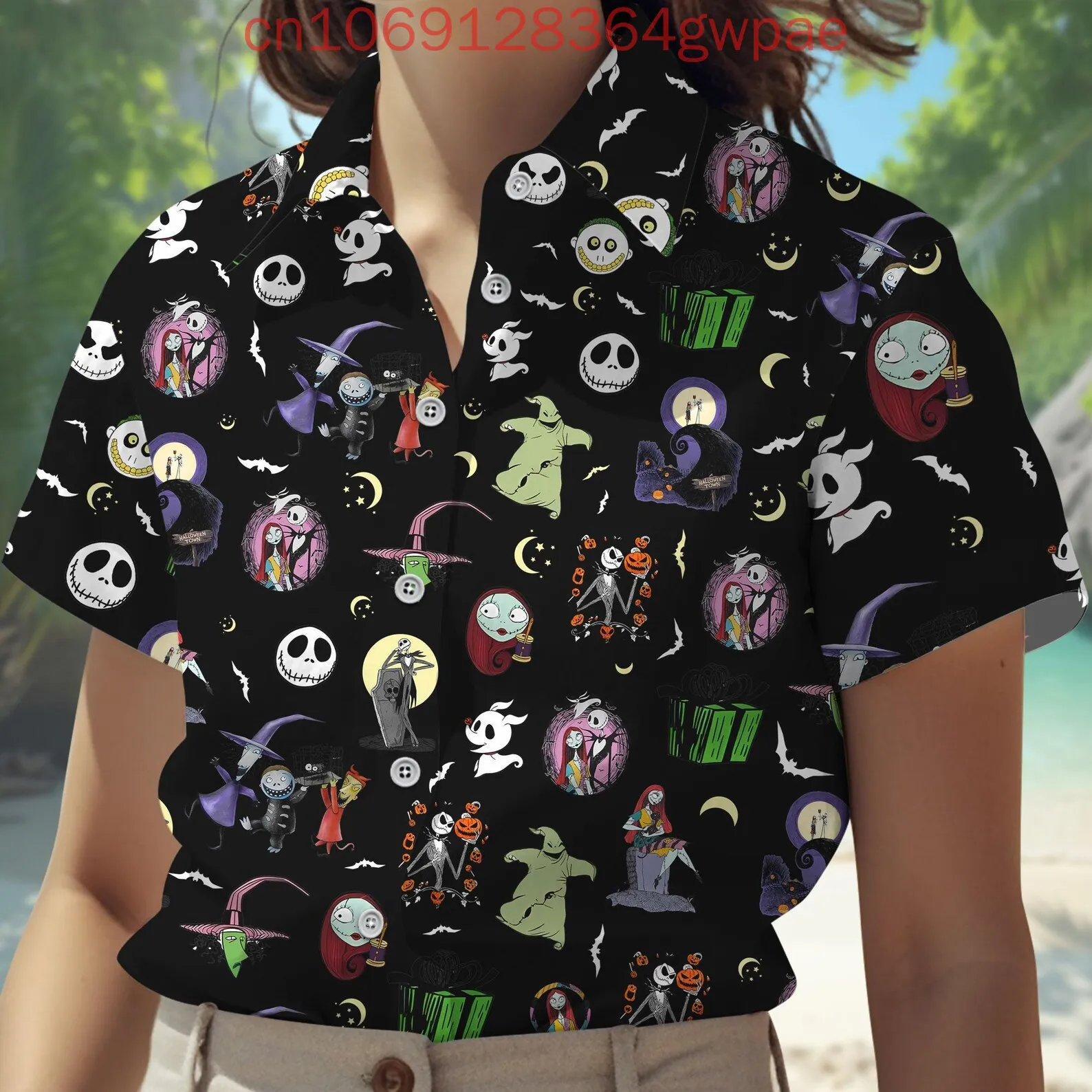 قميص ديزني ذا كابوس قبل جاك سكيلينجتون النسائي هاواي صيفي كاجوال أنيق بأكمام قصيرة للشاطئ