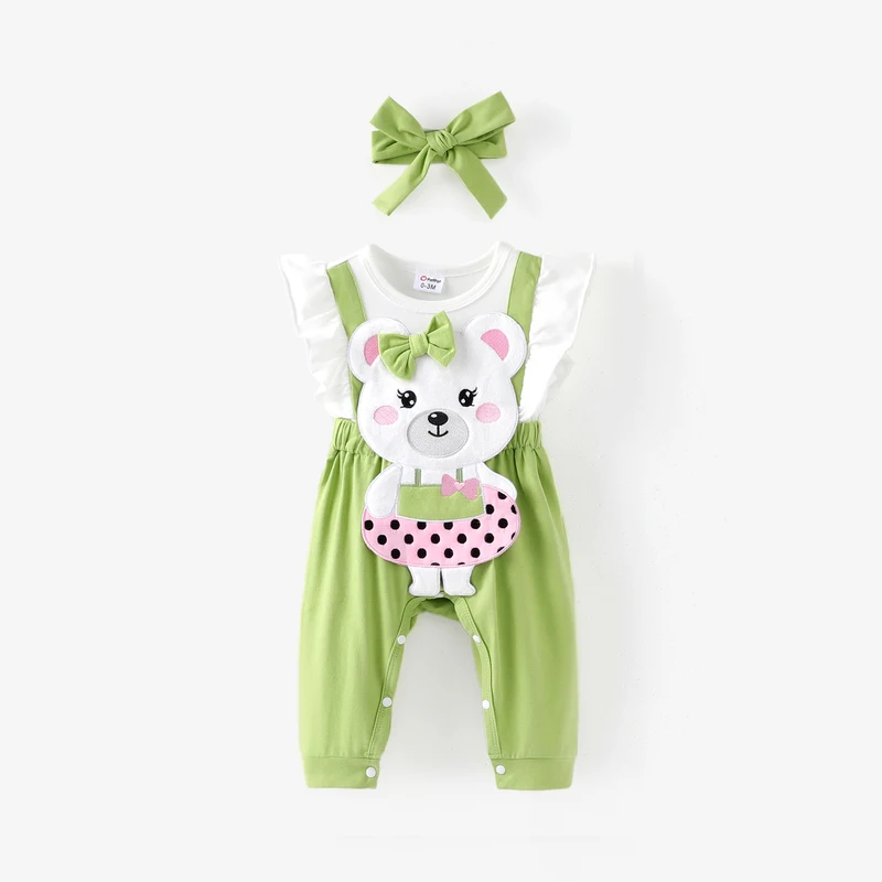 

Комплект из 2 предметов PatPat для маленьких девочек: комбинезон с вышивкой в ​​стиле медведя и повязка на голову