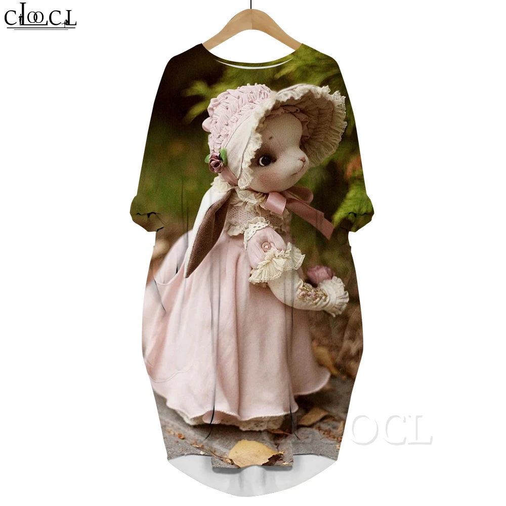 

CLOOCL Kawaii Dress Plush Bunny In Lolita 3D Printed Soft Comfortable Long Sleeve Pocket Dress Female Long Dresses Birthday Gift