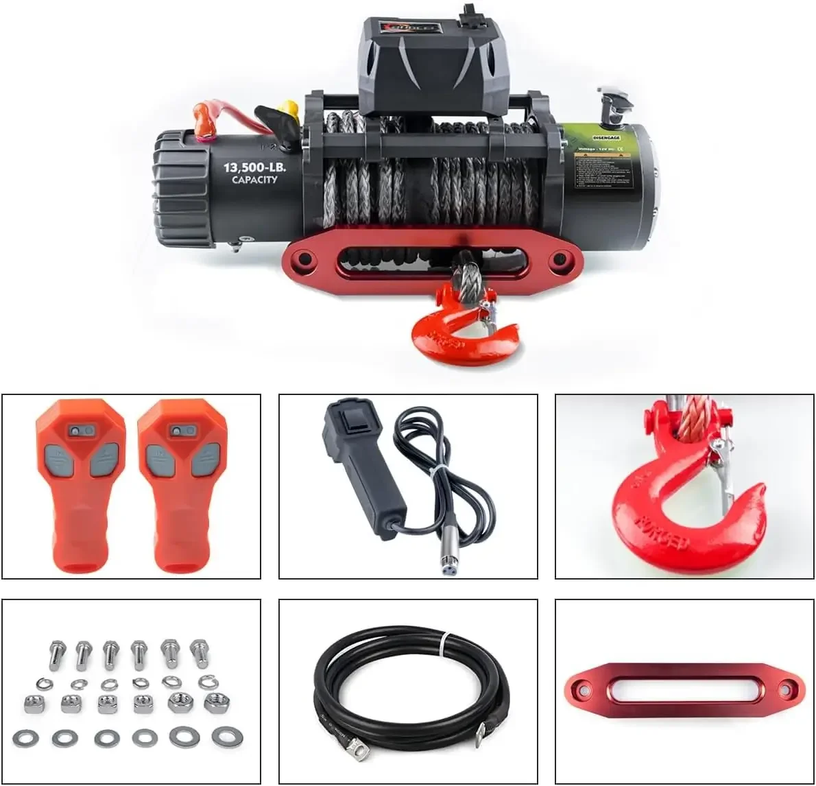 3500lb Waterproof Electric Black Synthetic Rope Winch with Hawse Fairlead, Wired Handle and 2 Infrared Remote (Black 135