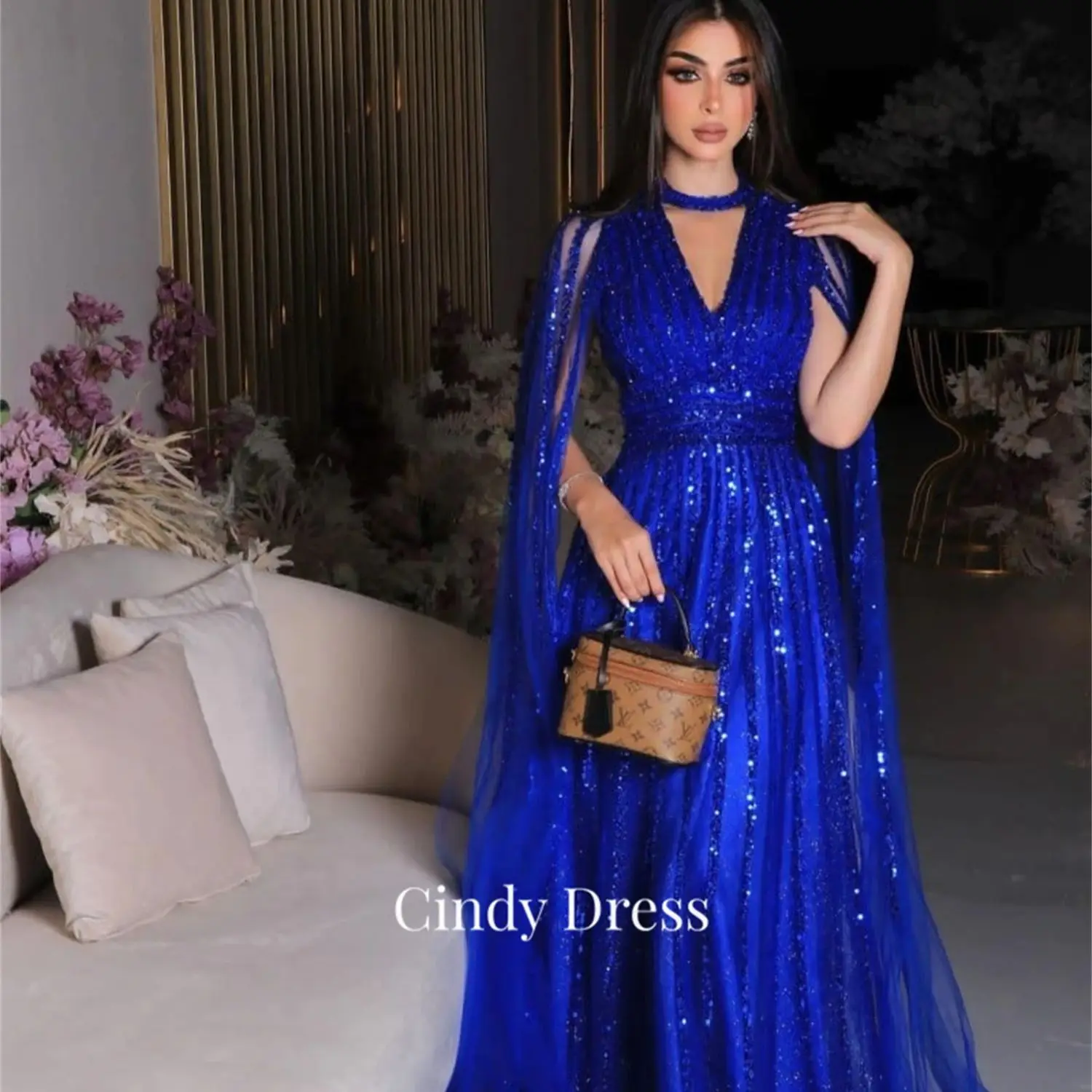 

Cindy Blue V-neck Beaded A-line Long Shawl Luxury Gala Dress Dresses for Special Events Evening 2023 New Gown Women Cocktail