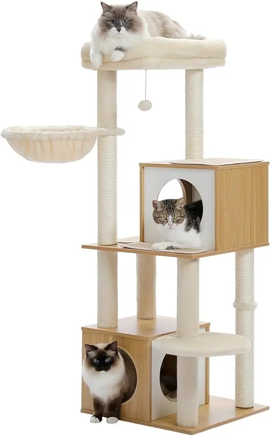 

Large Cat Tree, 51 Inches Wooden Cat Tower with Double Condos, Large Perch,Soft Hammock and Totally Wrapped Sisal Post